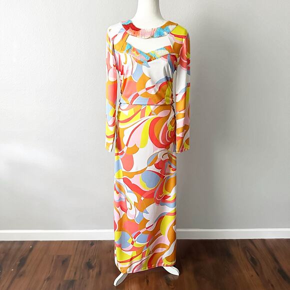 Boston Proper 70s Multicolor Funky Slinky Sequin Maxi Dress Women’s Size Medium - Picture 2 of 15